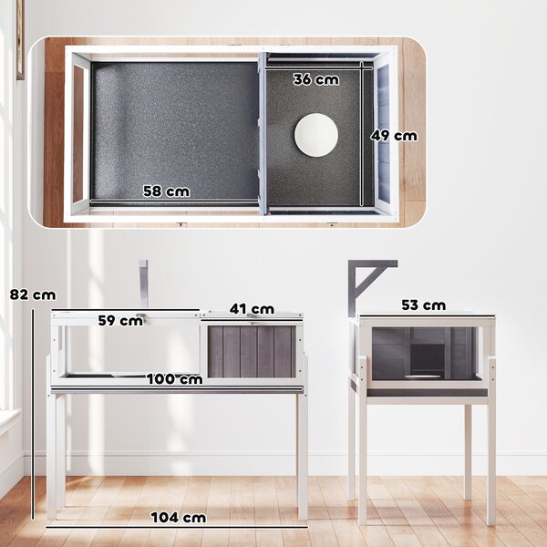 PawHut Casetta Tartarughe Rialzata con Divisorio, Vassoio Estraibile, in Legno e PS, 104x53x82 cm, Grigio e Bianco | Aosom Italy