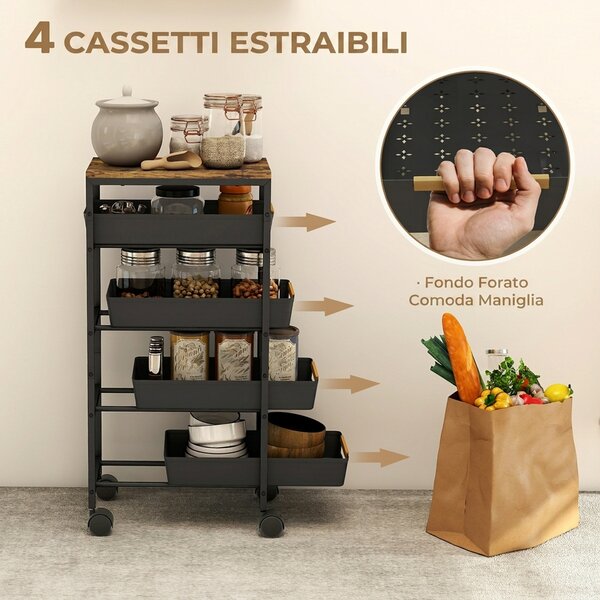 HOMCOM Carrello da Cucina a 5 Livelli con 4 Cesti Estraibili, in Metallo, PP e Legno, 39.5x24x82 cm, Nero e Rovere | Aosom Italy