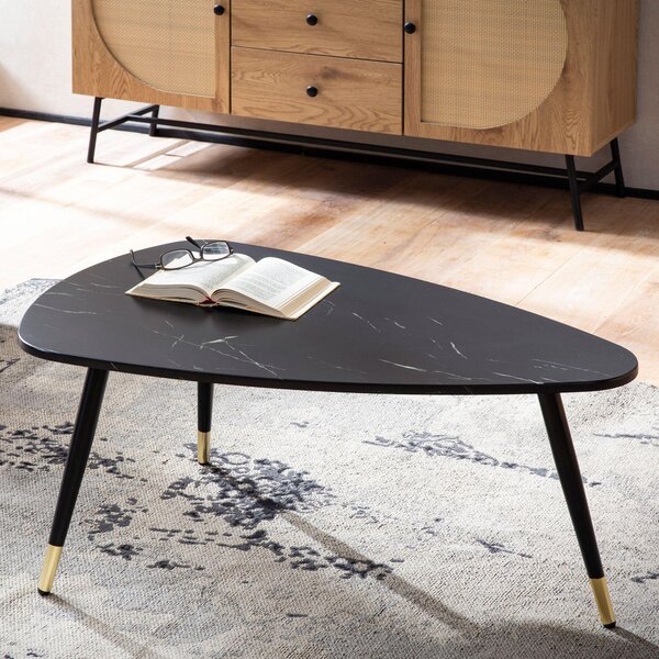 WOHNLING tavolino 90x60x41 cm con aspetto marmo nero tavolino da salotto a tre gambe con struttura in metallo tavolo da divano tavolo triangolare da salotto