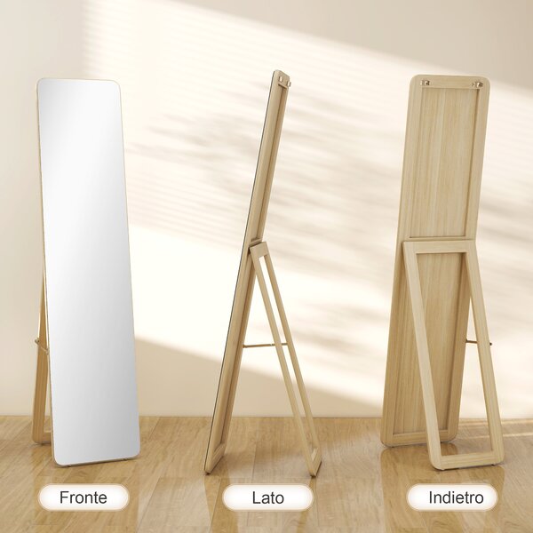 HOMCOM Specchio da Terra e da Parete con Struttura in Legno e Supporto Pieghevole, 37x43x156cm, Color Legno | Aosom Italy