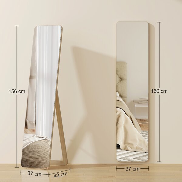 HOMCOM Specchio da Terra e da Parete con Struttura in Legno e Supporto Pieghevole, 37x43x156cm, Color Legno | Aosom Italy
