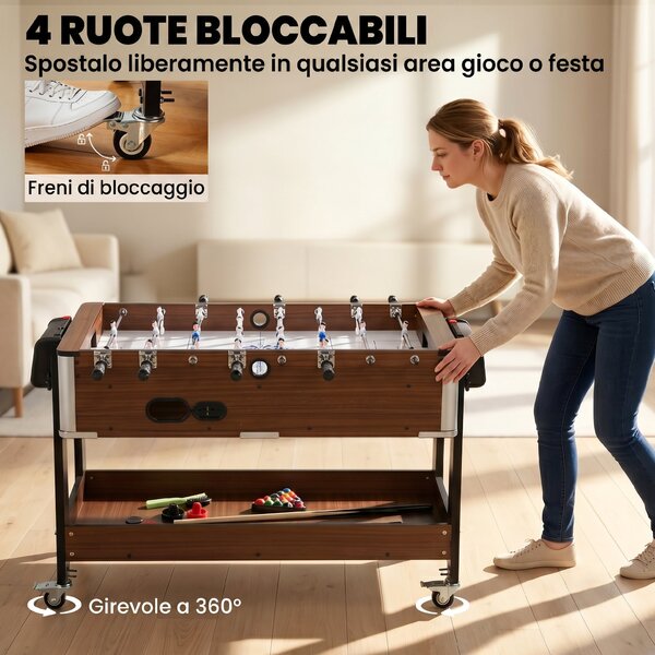 SPORTNOW Tavolo 3 In 1: Air Hockey, Biliardo, Calcio Balilla, Ruote Bloccabili, Ripiano | Aosom Italy
