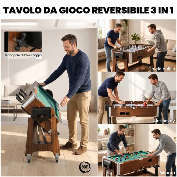 SPORTNOW Tavolo 3 In 1: Air Hockey, Biliardo, Calcio Balilla, Ruote Bloccabili, Ripiano | Aosom Italy