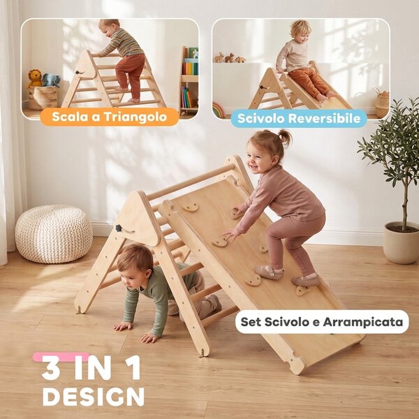 AIYAPLAY Gioco da Arrampicata con Triangolo e Pannello Scivolo ed Arrampicata, per Bambini 18-48 Mesi, Color Legno | Aosom Italy