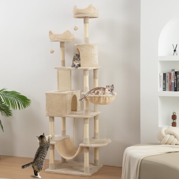 Albero per Gatti 60x50x206A cm con 4 Pali Graffiatoi Cesti Amache per 1-3 Gatti 6 kg in Peluche e Sisal Beige