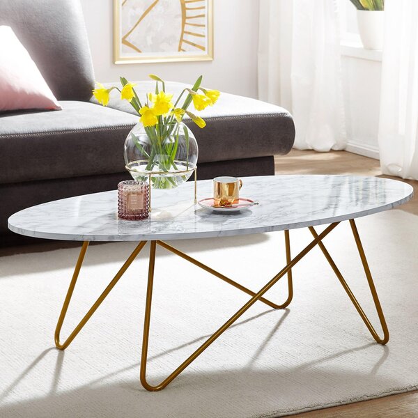 FineBuy Tavolino 120x40x60 cm con aspetto marmo Bianco Tavolo da salotto con struttura in metallo Tavolo da divano Tavolo ovale Tavolo da salotto