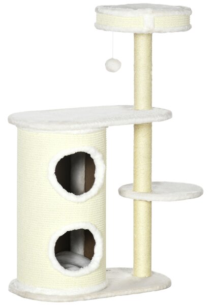 Albero Tiragraffi per Gatti Alto 100 cm Cesto e Casetta a 2 Livelli con Palo Graffiatoio in Sisal Crema