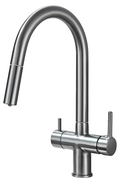 Rubinetto da cucina, con funzione spray estraibile, design a due manopole, colore grigio