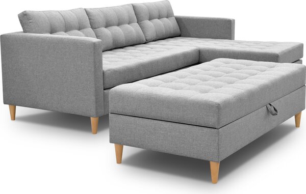 3xDivano angolare living MALORY - divano letto moderno con poggiapiedi, grigio chiaro, gambe in legno, pouf montabile su entrambi i lati, larghezza 220 cm, 6 varianti di colore