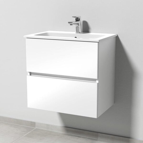 Sanipa Solo One Euphoria: set compatto in Vetroceramica da 59,2 cm, composto da lavabo in Vetroceramica e mobile sottolavabo con 2 cassetti