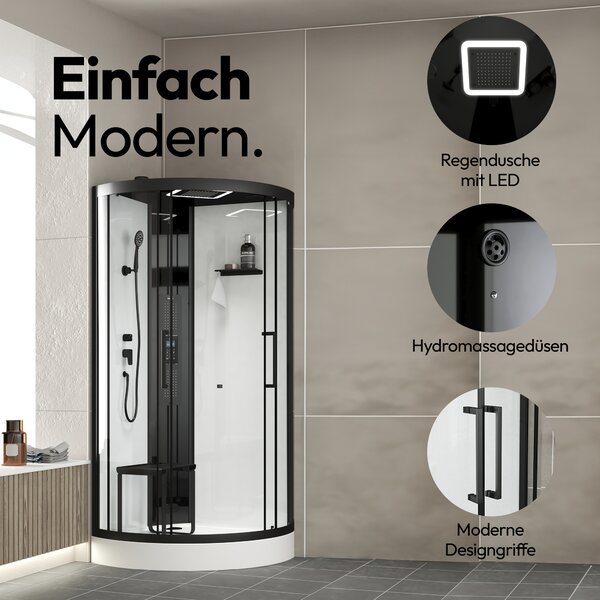 Doccia completa Marwell cabina doccia a vapore Spa Round 95x95x218cm - doccia prefabbricata in set completo con piatto in acrilico e rubinetto - con doccia a pioggia a LED - radio e Bluetooth