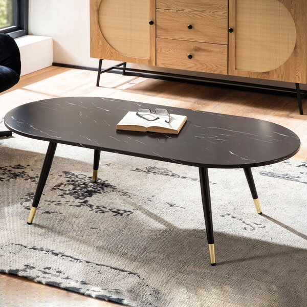 Tavolino FineBuy 120x60x41,5 cm con effetto marmo nero, design, tavolino da salotto con struttura in metallo, tavolino da divano ovale, tavolino grande, tavolino da salotto