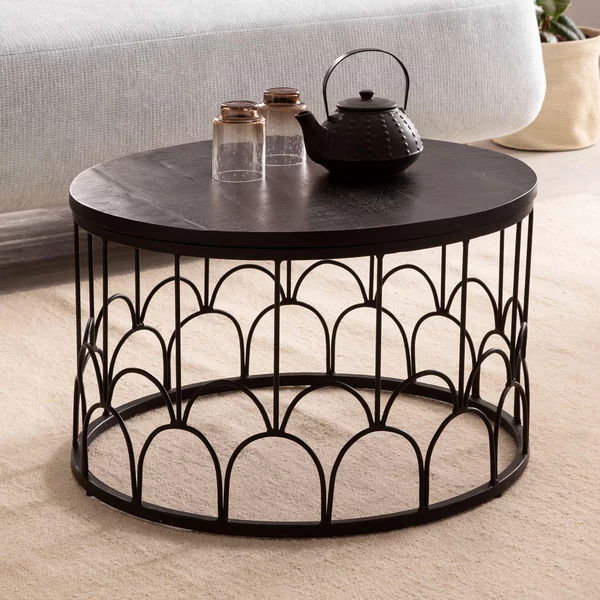 Tavolino 60x60x36 cm in legno massiccio di mango / metallo nero Tavolo da divano rotondo | Wohnling
