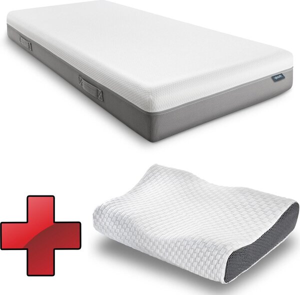 Materasso viscoelastico Sleezzz Premium 90 x 200 cm, altezza 20 cm, livello di rigidità H2/H3, con maniglie reversibili + cuscino Sleezzz® Premium in gel