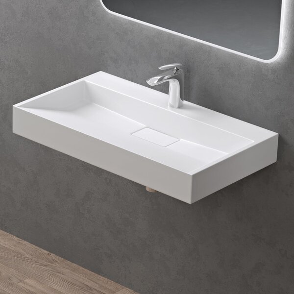 Doporro Lavabo da Appoggio Bagno Sospeso Lavandino Rettangolare in Marmoresina con Piletta di Scarico Inclusa Colossum19, 70x46x11 cm Bianco Opaco Monoforo