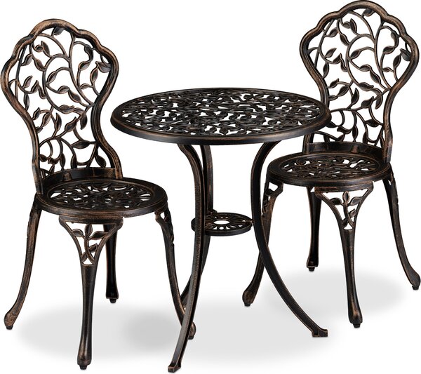 Set di mobili da balcone Relaxdays, 3 pezzi, tavolo da balcone con 2 sedie, decorato, alluminio, tavolo da bistrot HxP: 65x60 cm, bronzo