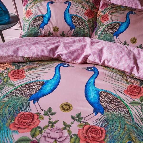 Set copripiumino e federa rosa in raso di cotone per letto matrimoniale 200x200 cm Xanadu Peacock – Matthew Williamson