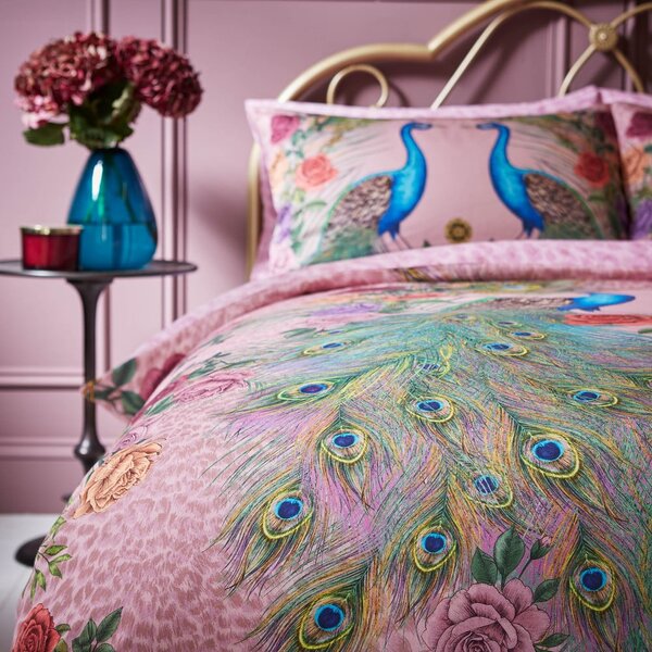 Set copripiumino e federa rosa in raso di cotone per letto matrimoniale 200x200 cm Xanadu Peacock – Matthew Williamson