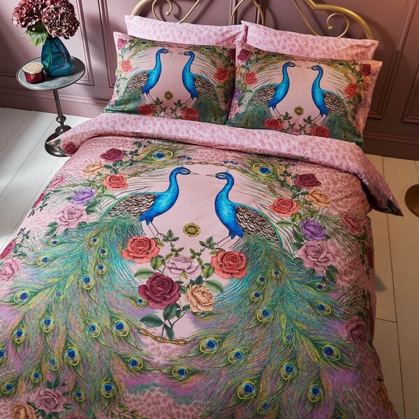 Set copripiumino e federa rosa in raso di cotone per letto matrimoniale 200x200 cm Xanadu Peacock – Matthew Williamson