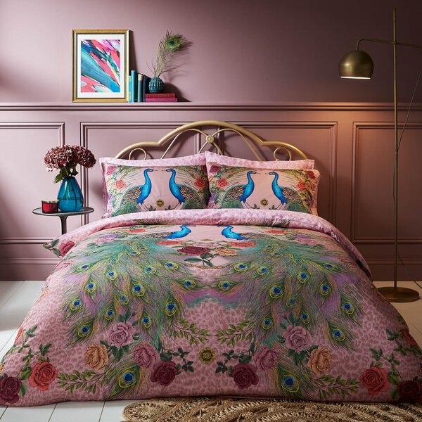 Set copripiumino e federa rosa in raso di cotone per letto matrimoniale 200x200 cm Xanadu Peacock – Matthew Williamson