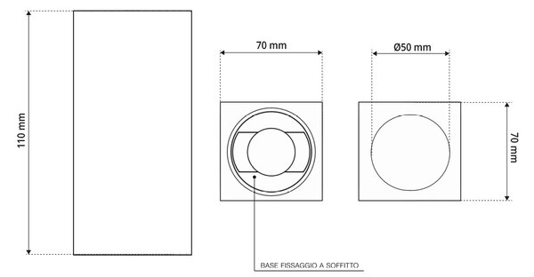 Plafoniera Quadrata 70x70mm h110mm GU10 in Gesso Pitturabile