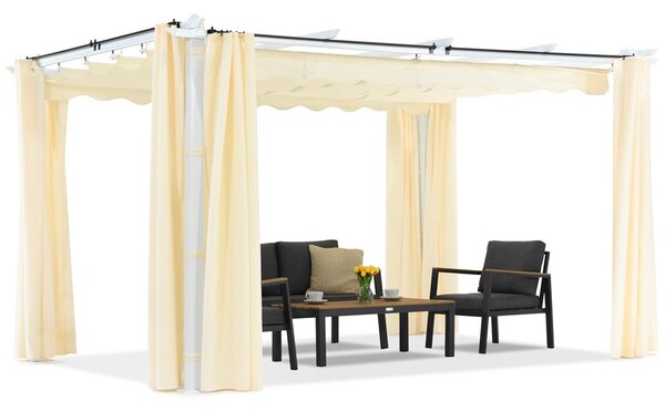Pergola da terrazzo Barbados 3x4 m con tende Garden Point bianche e beige