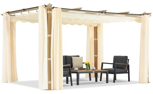 Pergola da terrazzo Barbados 3x4 m con tende Garden Point in simil-legno beige