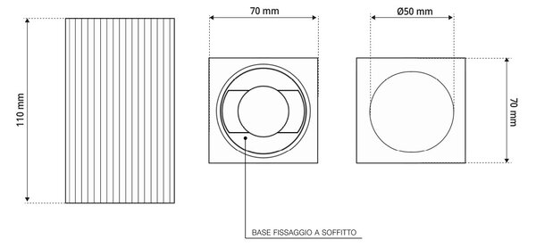 Plafoniera Quadrata 70x70mm h110mm GU10 in Gesso Rigato
