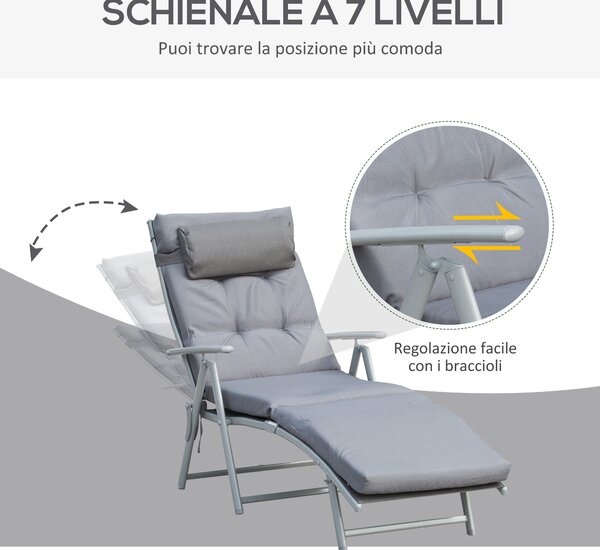 Outsunny Sdraio da Giardino Pieghevole con Materassino e Cuscino, Schienale con 7 Reclinazioni, 137x63.5x100.5cm, Grigio|Aosom