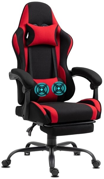 Delman Sedia da ufficio in tessuto Poltrona da gioco Poltrona da gioco ergonomica con poggiapiedi Poggiatesta Massaggio Cuscino lombare Sedia da gioco Sedia girevole 02-0040 Rosso