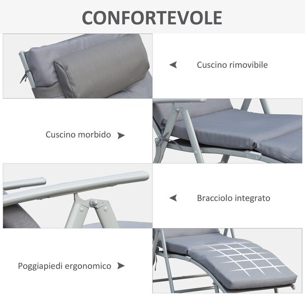 Outsunny Sdraio da Giardino Pieghevole con Materassino e Cuscino, Schienale con 7 Reclinazioni, 137x63.5x100.5cm, Grigio|Aosom