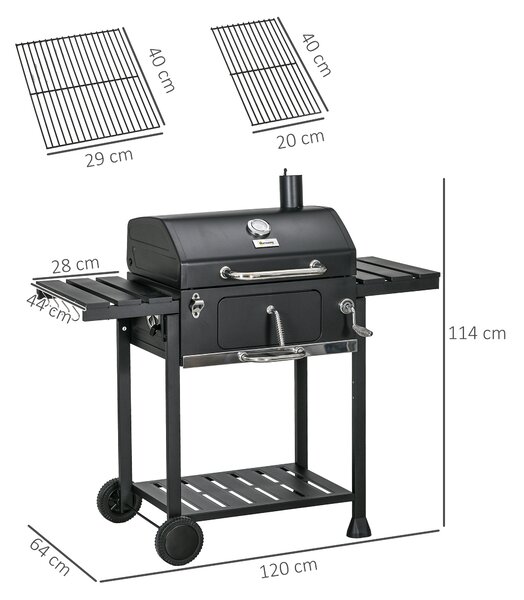 Outsunny Barbecue a Carbone con Griglia Regolabile, Coperchio e Termometro, Ruote e Tavolini, Nero | Aosom Italy