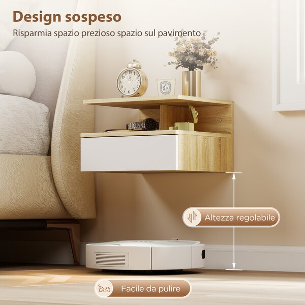 HOMCOM Set di 2 Comodini Sospesi con Cassetto e Mensola Aperta, 35x32x22.5 cm, Bianco e Rovere | Aosom Italy