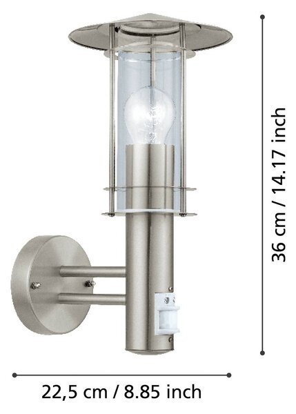 EGLO Applique da esterno Lisio, color acciaio inossidabile, altezza 36 cm, sensore Lisio, Alluminio / Grigio / Zincato, Acciaio Inox, Applique da esterni