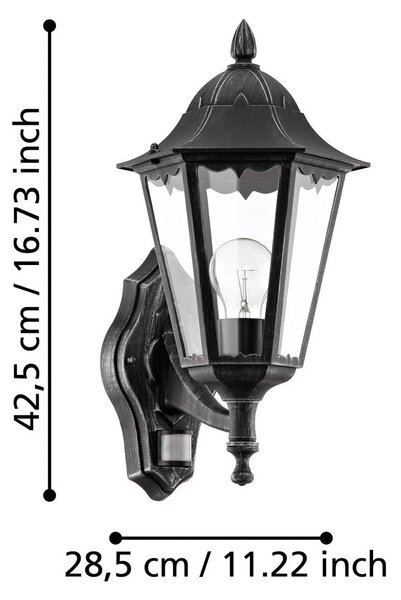EGLO Applique da esterno Navedo, nero/argento, altezza 42 cm, sensore Navedo, Nero, Alluminio, Antico, Applique da esterni