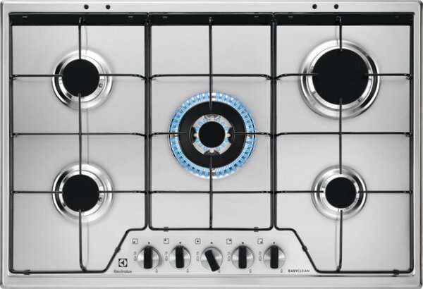 Electrolux Piano cottura a gas da incasso 6 Fuochi (1 Bruciatore Wok Multicorona) Larghezza 75 cm con Griglie in Ghisa colore Inox - KGS7534XX Seri