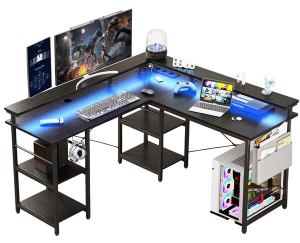 Tavolo da gioco ZELURXX a forma di L con illuminazione LED RGB, con borsa, supporto per doppio monitor, supporto per cuffie e prese, grigio