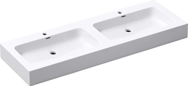 Doporro Lavabo da Appoggio, Lavandino Bagno 140x48x13cm, Lavabo da Minerale Fuso Colossum830, due Fori per la Rubinetteria, Bianco Opaco