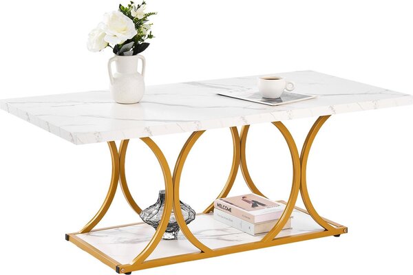 Tavolino da salotto - Tavolino rettangolare a due livelli - Effetto marmo - Struttura in metallo - Con ripiano - Portata 95 kg - Dimensioni 120 x 59,5 x 48 cm - Bianco