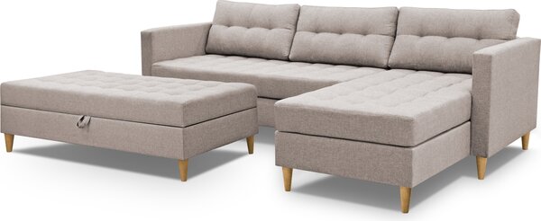 3xDivano angolare living MALORY - divano letto moderno con poggiapiedi, in marrone chiaro, gambe in legno, pouf montabile su entrambi i lati, larghezza 220 cm, 6 varianti di colore