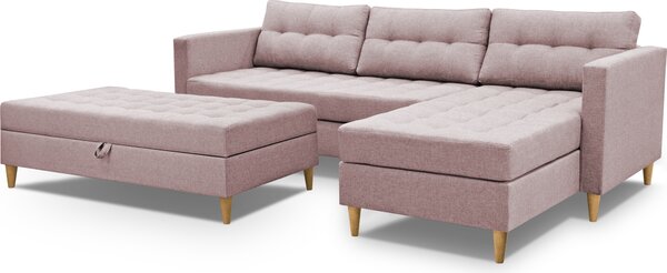 3xDivano angolare living MALORY - divano letto moderno con poggiapiedi, in rosa chiaro, gambe in legno, pouf montabile su entrambi i lati, larghezza 220 cm, 6 varianti di colore