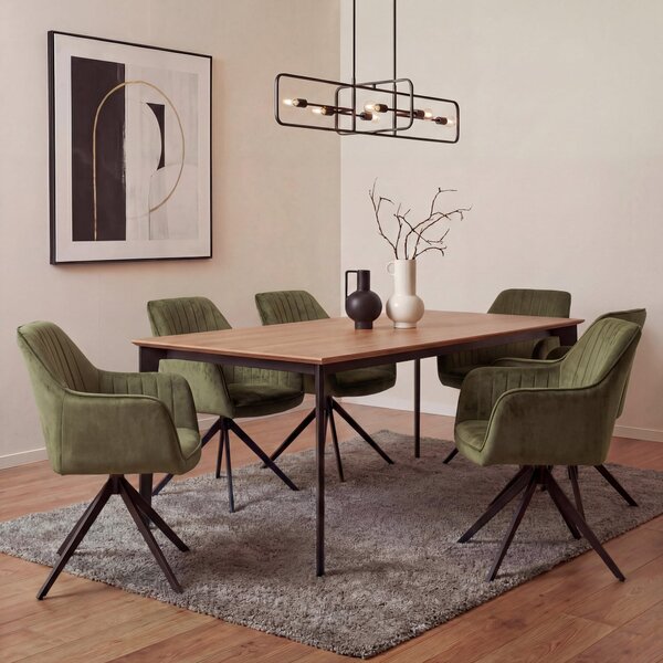 Set di 6 sedie da pranzo HWC-L79, sedie da cucina con braccioli girevoli e ritorno automatico, velluto 440 g/m² ~ effetto pelle scamosciata verde oliva