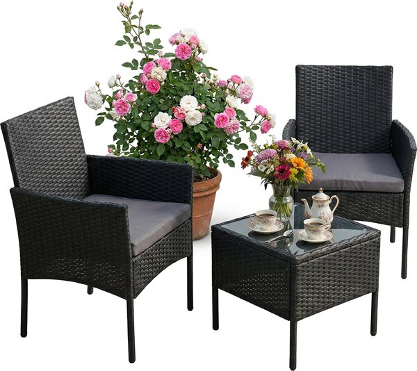 Set di mobili da giardino Relaxdays, set da salotto in rattan da 3 pezzi, per 2 persone, 2 poltrone e tavolo in vetro, mobili da relax, da esterno, nero