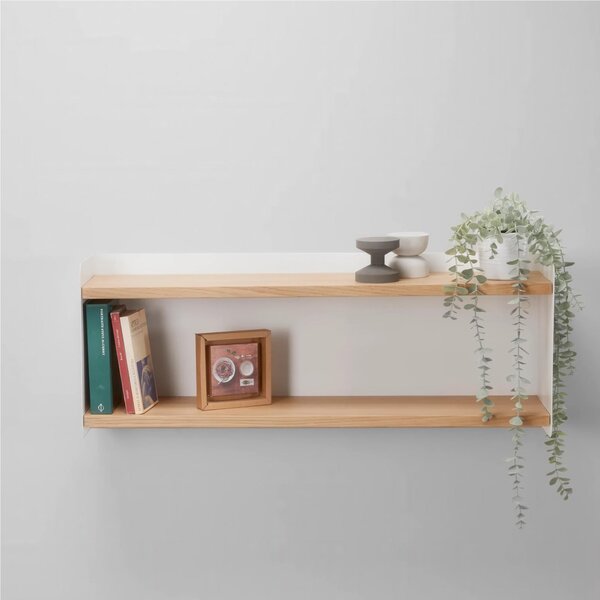 Mensola a due piani Libreria in metallo e legno rovere naturale Dimensioni 90x20 x h35 cm Si portata max 9 Kg metallo Bianco 9003