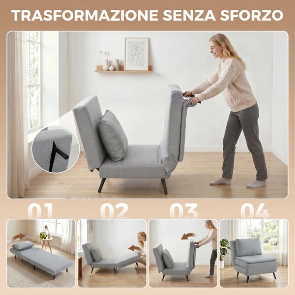HOMCOM Poltrona Letto con Schienale Regolabile 3 Posizioni, Cuscino Sfoderabile in Tessuto Effetto Lino, Grigio Chiaro | Aosom Italy