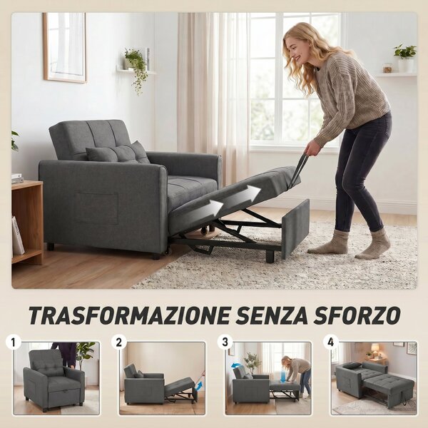HOMCOM Poltrona Letto Singolo 3 in 1 in Tessuto Effetto Lino e Legno con Schienale Reclinabile, Cuscino, Tasche, Grigio | Aosom Italy