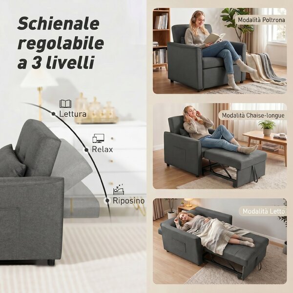 HOMCOM Poltrona Letto Singolo 3 in 1 in Tessuto Effetto Lino e Legno con Schienale Reclinabile, Cuscino, Tasche, Grigio | Aosom Italy