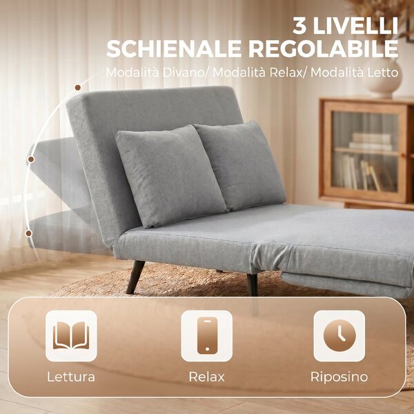 HOMCOM Divano Letto 2 Posti 3 in 1 in Tessuto Effetto Lino con 2 Cuscini, Struttura in Eucalipto, Grigio Chiaro | Aosom Italy