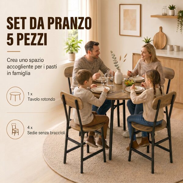 HOMCOM Set pranzo 5 pezzi: tavolo e 4 sedie, gambe metallo, finitura naturale. | Aosom Italy