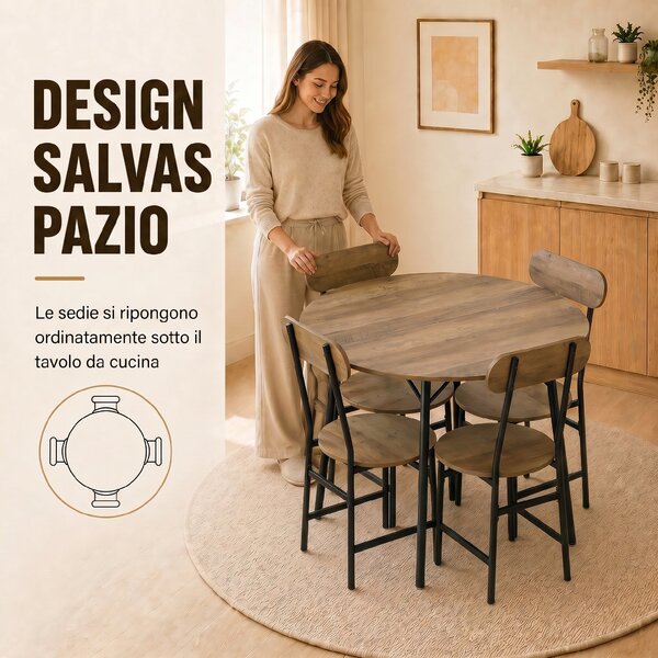 HOMCOM Set pranzo 5 pezzi: tavolo e 4 sedie, gambe metallo, finitura naturale. | Aosom Italy